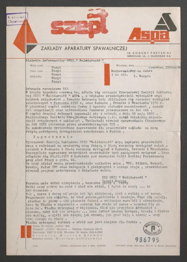 Szept : biuletyn informacyjny NSZZ &bdquo;Solidarność&rdquo; ASPA. 1986, numer&nbsp;38