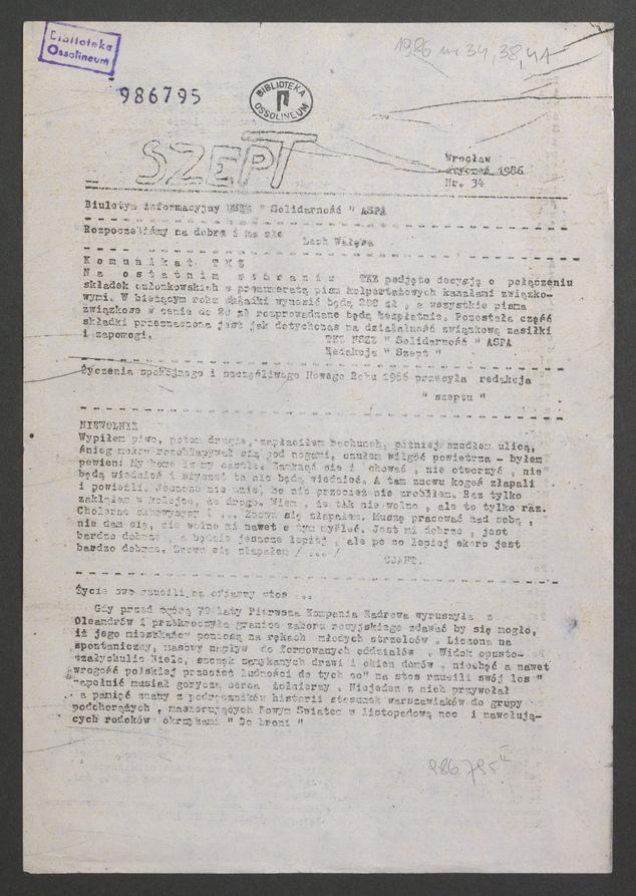 Szept : biuletyn informacyjny NSZZ &bdquo;Solidarność&rdquo; ASPA. 1986, numer&nbsp;34