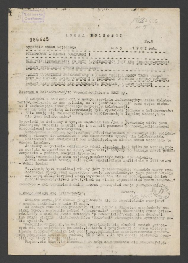 Iskra Wolności&nbsp;: biuletyn informacyjny KZ NSZZ &bdquo;Solidarność&rdquo; przy KMR &bdquo;Agromet-Pilmet&rdquo;. 1982, numer&nbsp;5