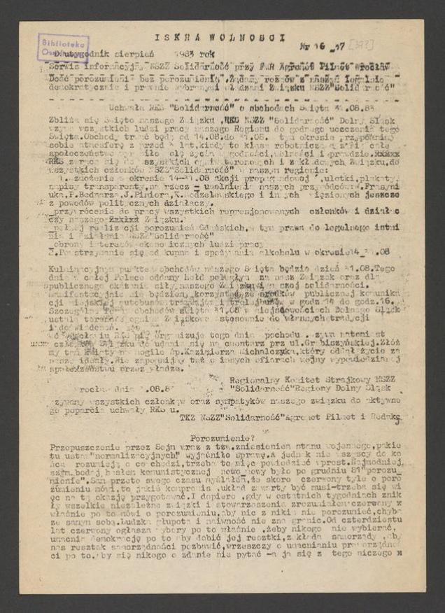Iskra Wolności&nbsp;: serwis informacyjny NSZZ &bdquo;Solidarność&rdquo; przy FMR &bdquo;Agromet-Pilmet&rdquo; Wrocław. 1983, numer&nbsp;16&nbsp;[37]