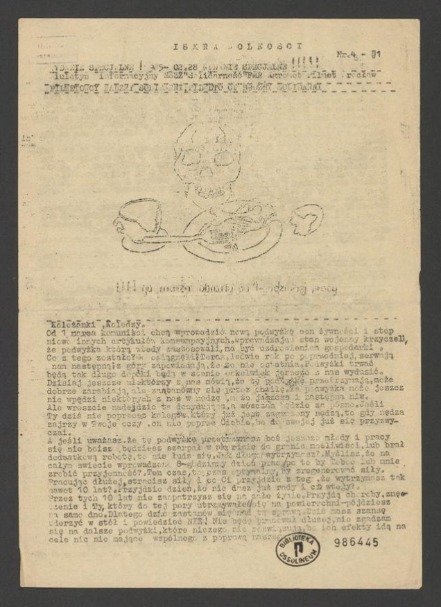 Iskra Wolności&nbsp;: biuletyn informacyjny NSZZ &bdquo;Solidarność&rdquo; FMR &bdquo;Agromet-Pilmet&rdquo; Wrocław. 1985, numer&nbsp;4&nbsp;(71)