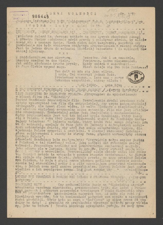 Iskra Wolności&nbsp;: biuletyn informacyjny NSZZ &bdquo;Solidarność&rdquo; FMR &bdquo;Agromet-Pilmet&rdquo; Wrocław. 1985, numer&nbsp;3 (70)