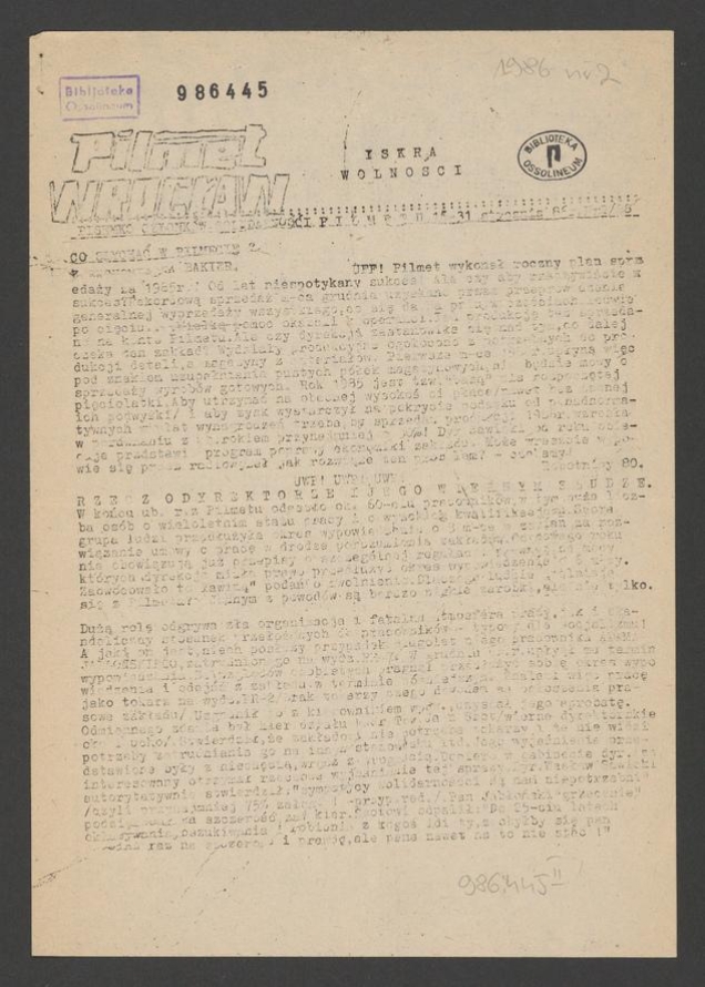 Iskra Wolności&nbsp;: pisemko członk&oacute;w Solidarności PILMETU. 1986, numer&nbsp;2&nbsp;(88)