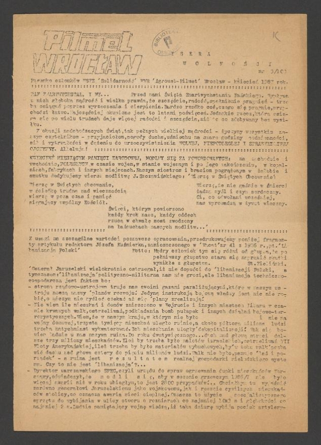 Iskra Wolności&nbsp;: pisemko członk&oacute;w NSZZ &bdquo;Solidarność&rdquo; FMR &bdquo;Agromet-Pilmet&rdquo; Wrocław. 1987, numer&nbsp;3&nbsp;(100)