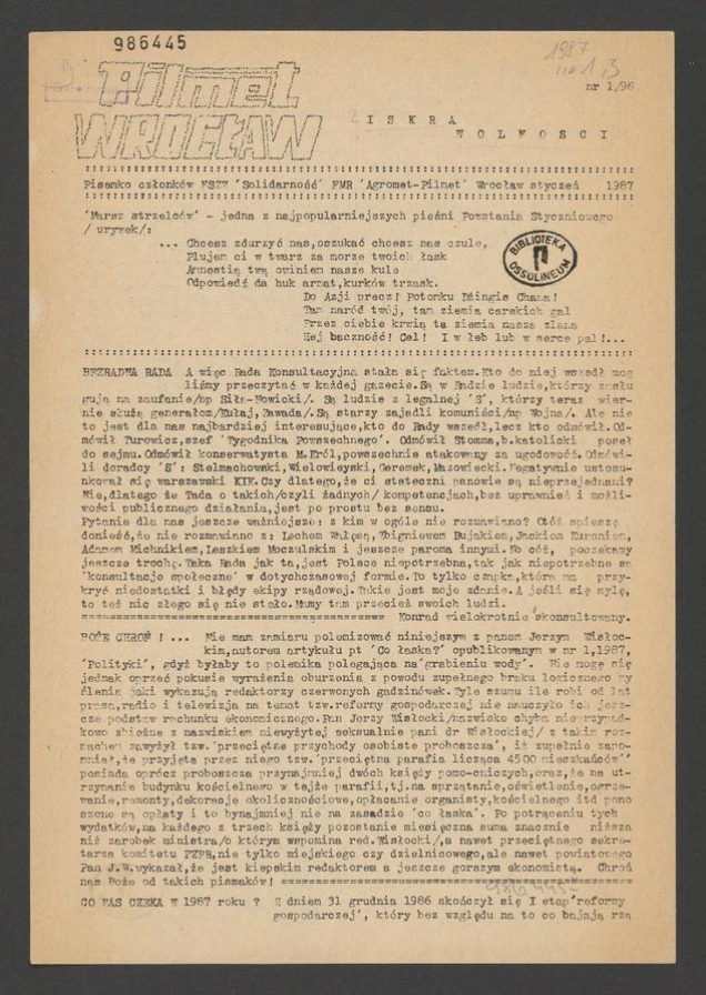 Iskra Wolności&nbsp;: pisemko członk&oacute;w NSZZ &bdquo;Solidarność&rdquo; FMR &bdquo;Agromet-Pilmet&rdquo; Wrocław. 1987, numer&nbsp;1&nbsp;(98)