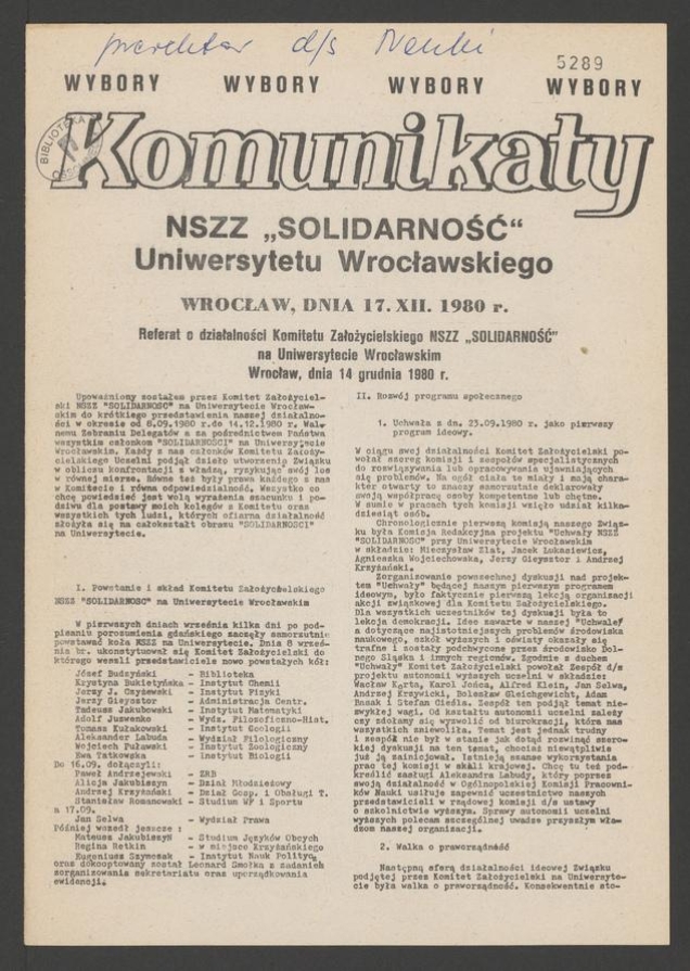 Komunikaty NSZZ &bdquo;Solidarność&rdquo; Uniwersytetu Wrocławskiego. 1980.12.17