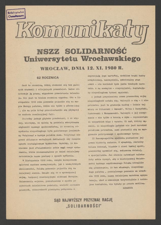 Komunikaty NSZZ &bdquo;Solidarność&rdquo; Uniwersytetu Wrocławskiego. 1980.11.12
