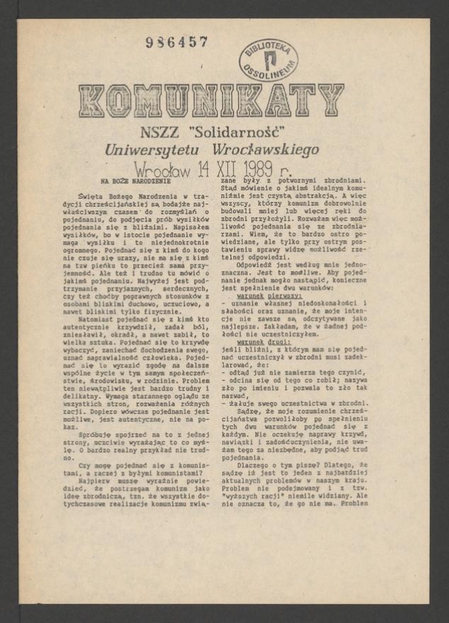 Komunikaty NSZZ &bdquo;Solidarność&rdquo; Uniwersytetu Wrocławskiego. 1989.12.14
