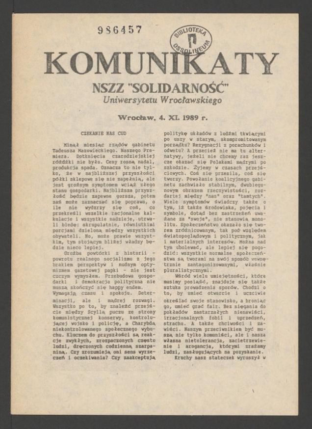Komunikaty NSZZ &bdquo;Solidarność&rdquo; Uniwersytetu Wrocławskiego. 1989.11.04
