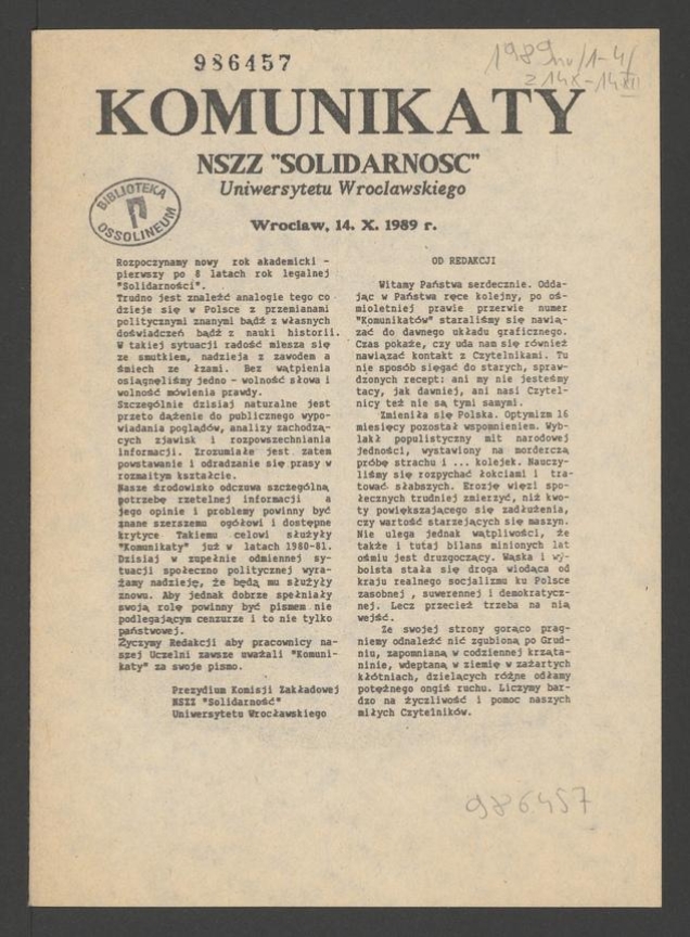 Komunikaty NSZZ &bdquo;Solidarność&rdquo; Uniwersytetu Wrocławskiego. 1989.10.14