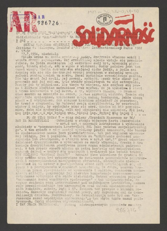 Solidarność AR&nbsp;: pismo NSZZ &bdquo;Solidarność&rdquo; Akademii Rolniczej Wrocław. 1983, numer&nbsp;36