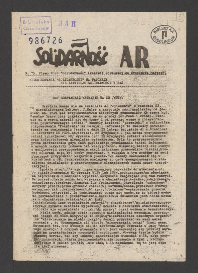 Solidarność AR&nbsp;: pismo NSZZ &bdquo;Solidarność&rdquo; Akademii Rolniczej we Wrocławiu. 1982, numer&nbsp;75