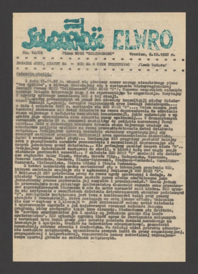 Solidarność Elwro : pismo NSZZ &bdquo;Solidarność&rdquo;. 1982, numer&nbsp;14&nbsp;(28)
