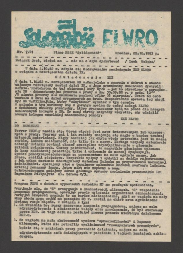 Solidarność Elwro : pismo NSZZ &bdquo;Solidarność&rdquo;. 1982, numer&nbsp;7&nbsp;(21)