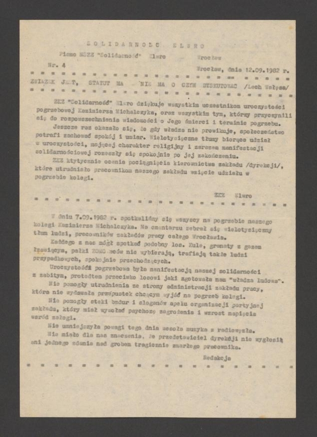 Solidarność Elwro : pismo NSZZ &bdquo;Solidarność&rdquo; Elwro Wrocław. 1982, numer&nbsp;4