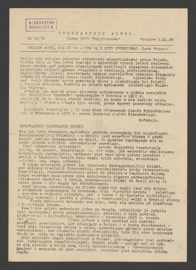 Solidarność Elwro : pismo NSZZ &bdquo;Solidarność&rdquo;. 1983, numer&nbsp;40&nbsp;(70)