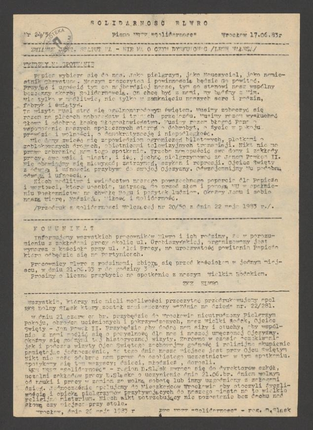 Solidarność Elwro : pismo NSZZ &bdquo;Solidarność&rdquo;. 1983, numer&nbsp;24&nbsp;(54)