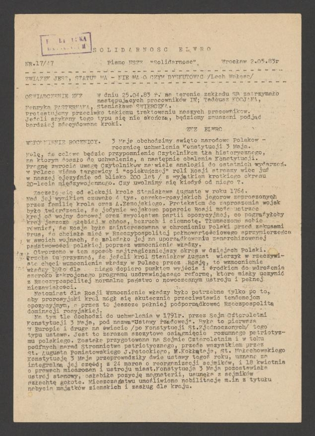 Solidarność Elwro : pismo NSZZ &bdquo;Solidarność&rdquo;. 1983, numer&nbsp;17&nbsp;(47)