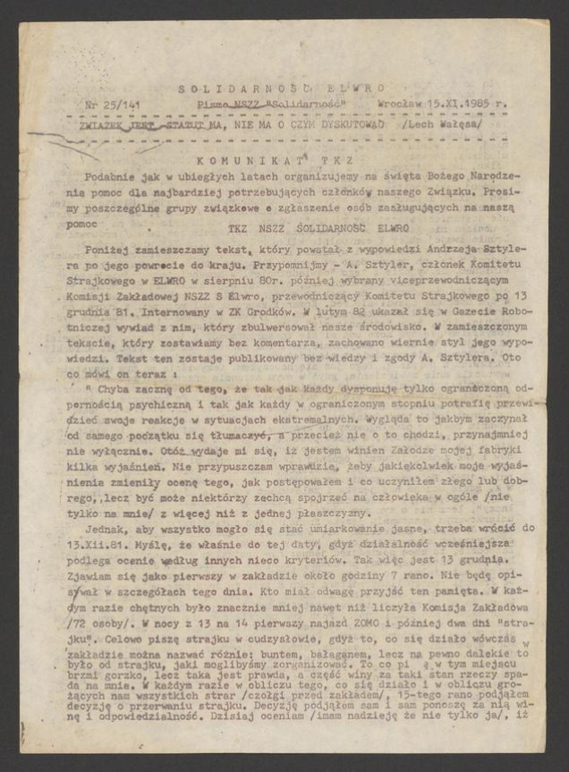 Solidarność Elwro : pismo NSZZ &bdquo;Solidarność&rdquo;. 1985, numer&nbsp;25&nbsp;(141)