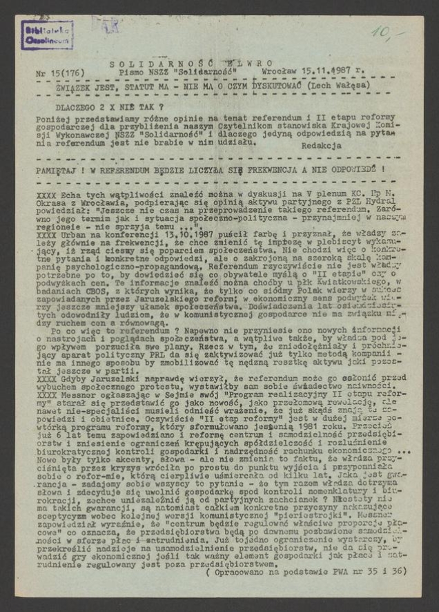 Solidarność Elwro : pismo NSZZ &bdquo;Solidarność&rdquo;. 1987, numer&nbsp;15&nbsp;(176)