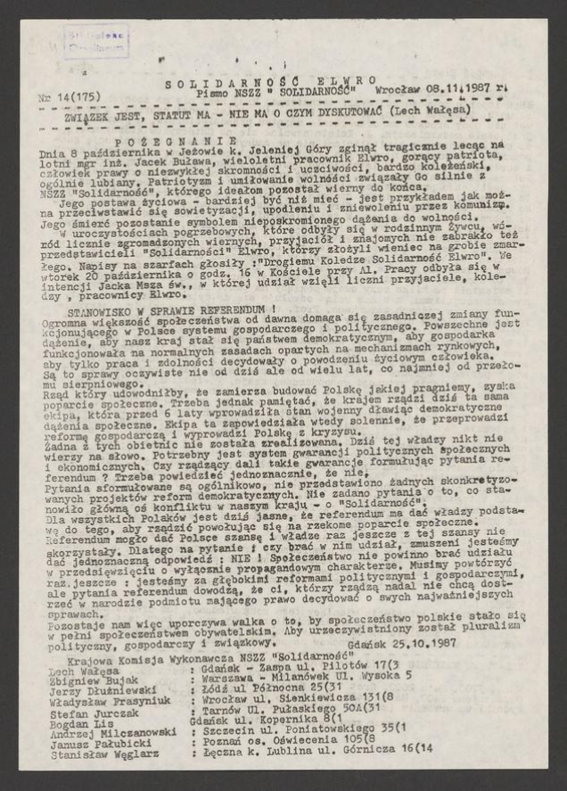 Solidarność Elwro : pismo NSZZ &bdquo;Solidarność&rdquo;. 1987, numer&nbsp;14&nbsp;(175)
