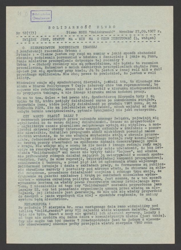Solidarność Elwro : pismo NSZZ &bdquo;Solidarność&rdquo;. 1987, numer&nbsp;12&nbsp;(173)