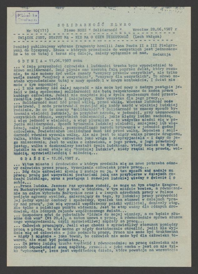 Solidarność Elwro : pismo NSZZ &bdquo;Solidarność&rdquo;. 1987, numer&nbsp;10&nbsp;(171)