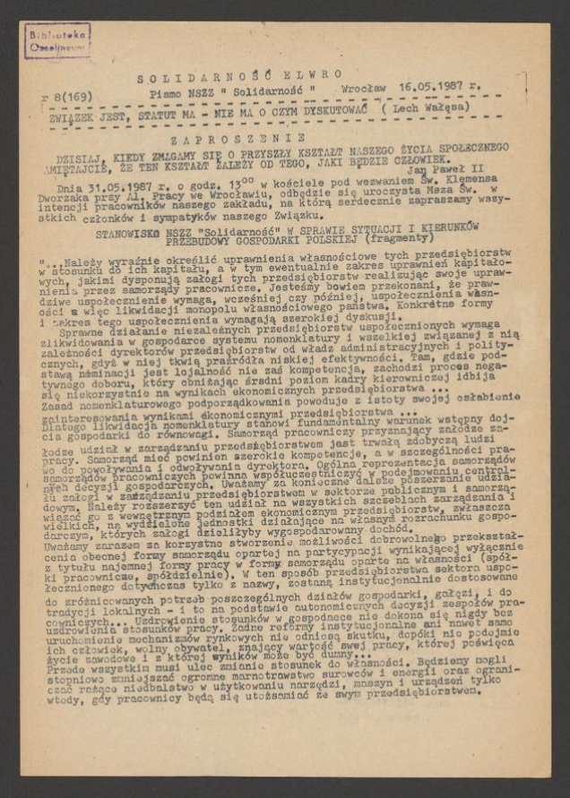 Solidarność Elwro : pismo NSZZ &bdquo;Solidarność&rdquo;. 1987, numer&nbsp;8&nbsp;(169)