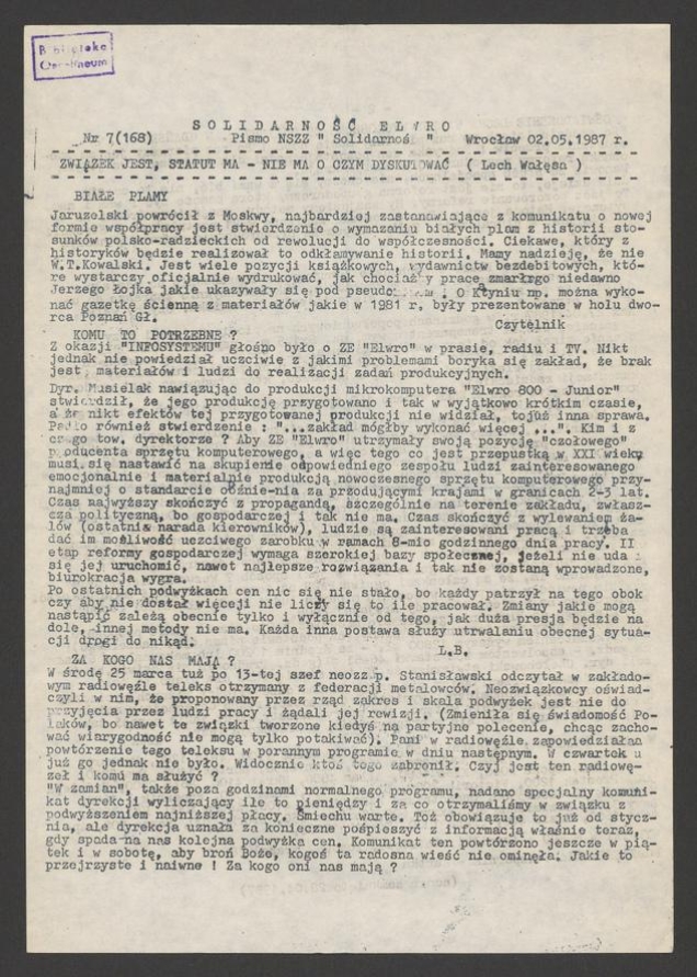 Solidarność Elwro : pismo NSZZ &bdquo;Solidarność&rdquo;. 1987, numer&nbsp;7&nbsp;(168)