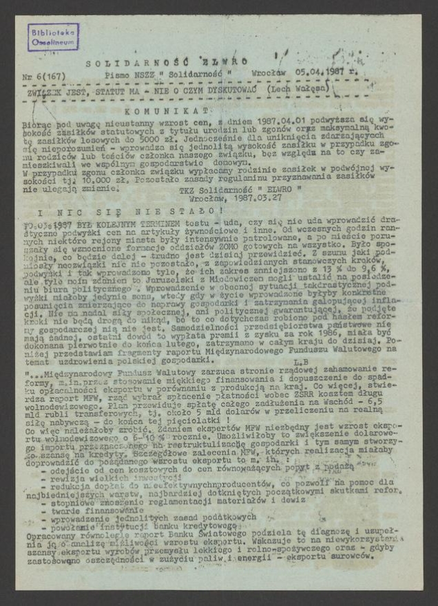 Solidarność Elwro : pismo NSZZ &bdquo;Solidarność&rdquo;. 1987, numer&nbsp;6&nbsp;(167)