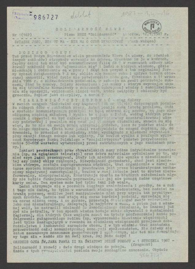 Solidarność Elwro : pismo NSZZ &bdquo;Solidarność&rdquo;. 1987, numer&nbsp;1&nbsp;(162)