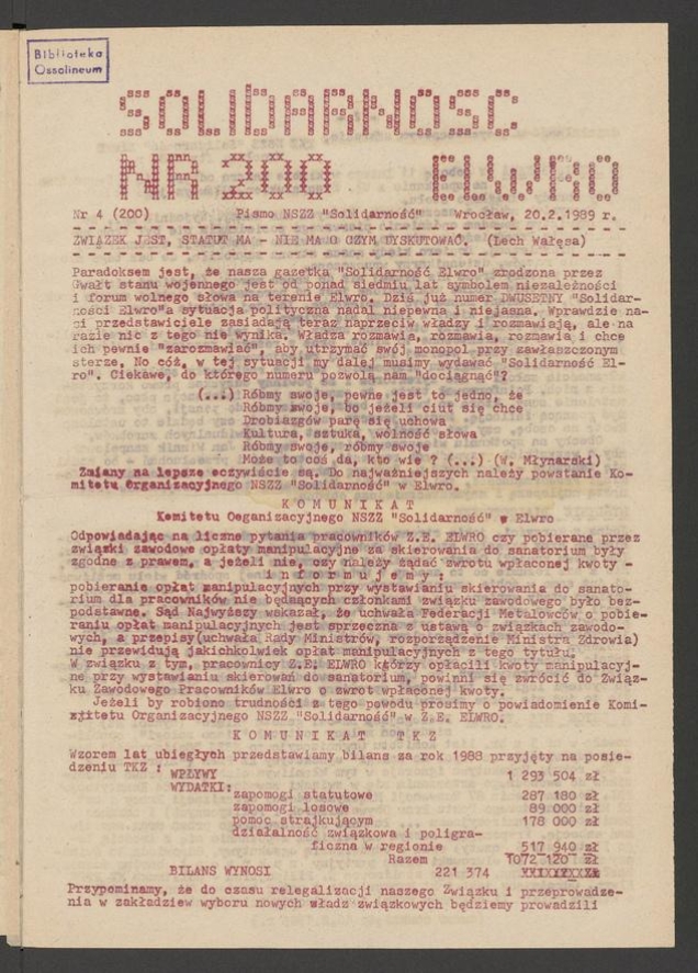 Solidarność Elwro : pismo NSZZ &bdquo;Solidarność&rdquo;. 1989, numer&nbsp;4&nbsp;(200)