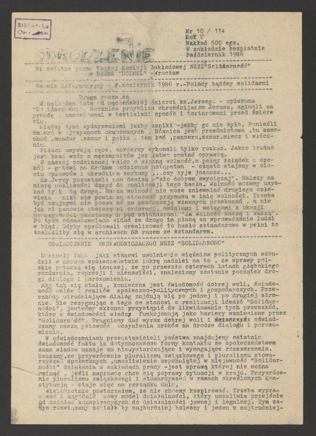 Odrodzenie&nbsp;: niezależne pismo Tajnej Komisji Zakładowej NSZZ Solidarność w DZWME DOLMEL Wrocław. Rok&nbsp;5, 1986, numer&nbsp;10&nbsp;(114)