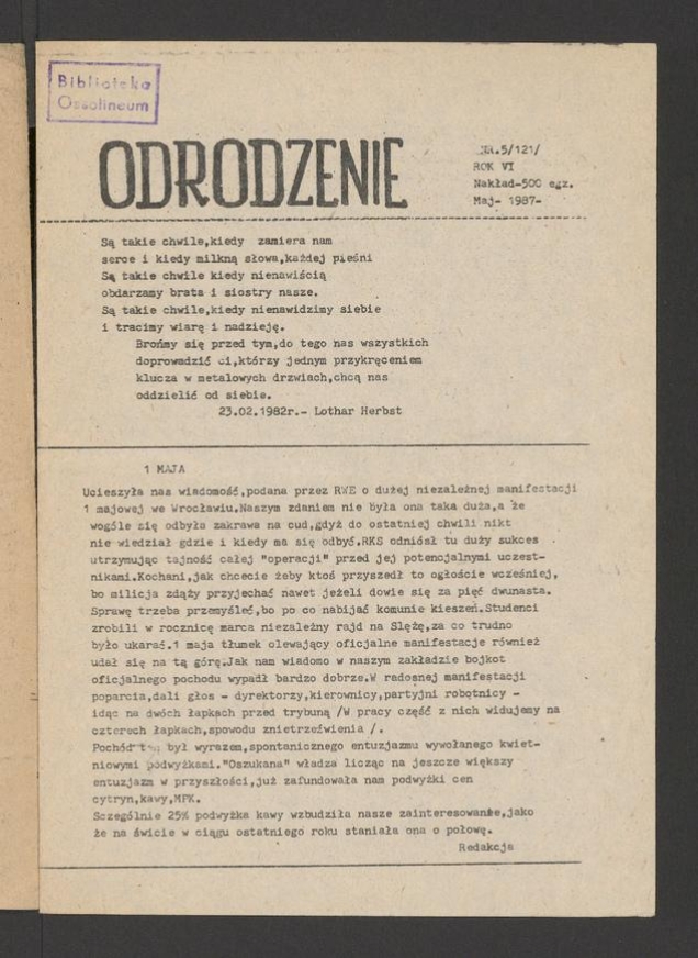 Odrodzenie&nbsp;: niezależne pismo Tajnej Komisji Zakładowej NSZZ Solidarność w DZWME DOLMEL Wrocław. Rok&nbsp;6, 1987, numer&nbsp;5&nbsp;(121)