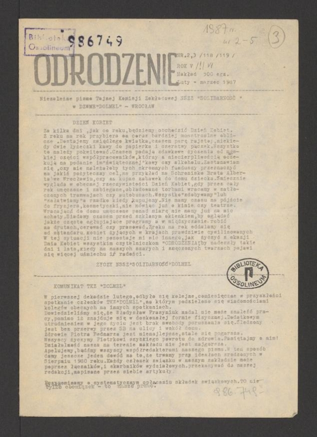 Odrodzenie&nbsp;: niezależne pismo Tajnej Komisji Zakładowej NSZZ Solidarność w DZWME DOLMEL Wrocław. Rok&nbsp;6, 1987, numer&nbsp;2-3&nbsp;(118-119)