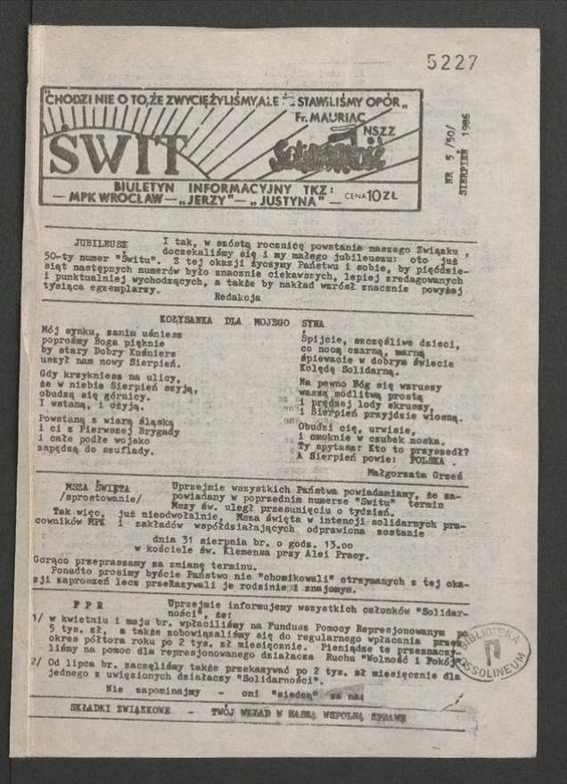 Świt&nbsp;NSZZ &bdquo;Solidarność&rdquo;: biuletyn informacyjny TKZ, MPK Wrocław, &bdquo;Jerzy&rdquo;, &bdquo;Justyna&rdquo;. 1986, numer&nbsp;5&nbsp;(50)