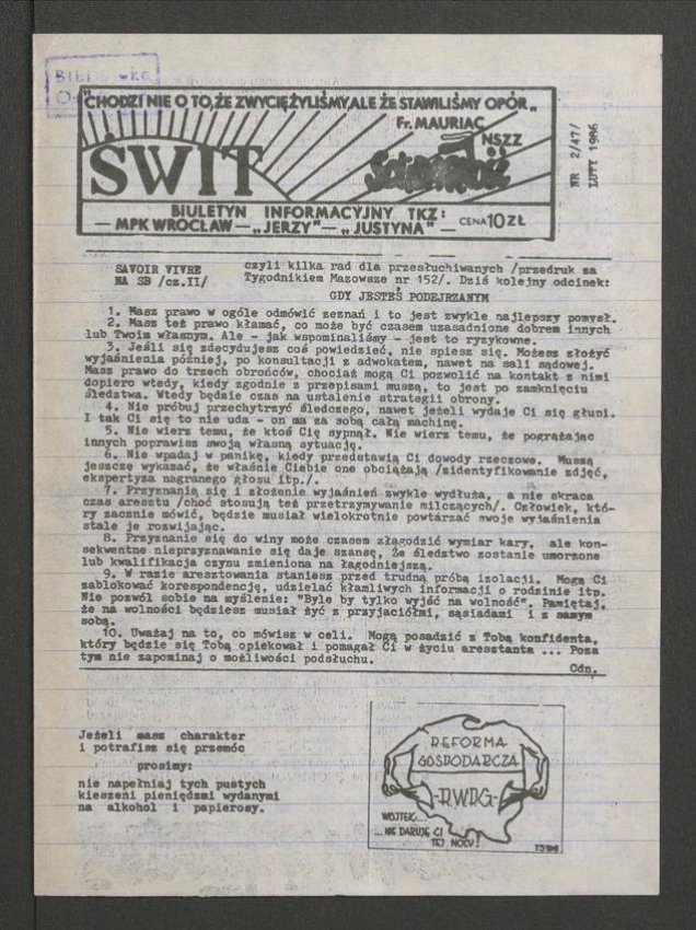 Świt&nbsp;NSZZ &bdquo;Solidarność&rdquo;: biuletyn informacyjny TKZ, MPK Wrocław, &bdquo;Jerzy&rdquo;, &bdquo;Justyna&rdquo;. 1986, numer&nbsp;2&nbsp;(47)
