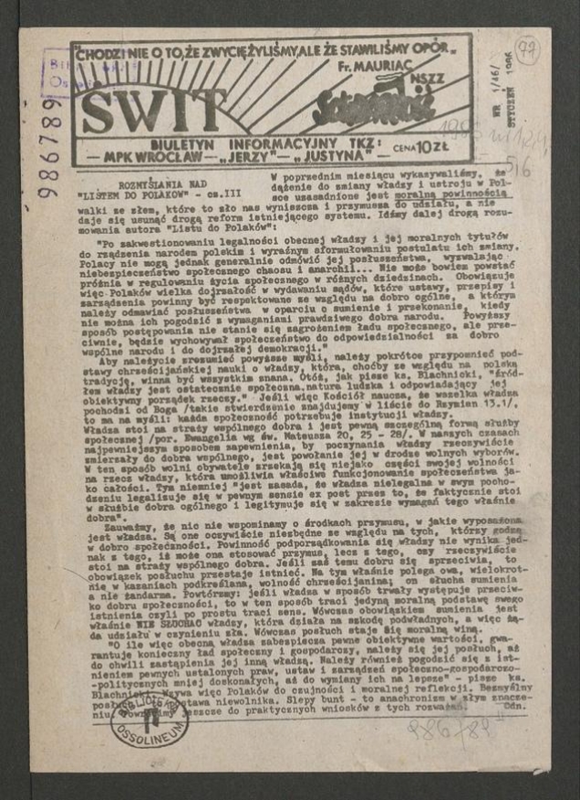 Świt&nbsp;NSZZ &bdquo;Solidarność&rdquo;: biuletyn informacyjny TKZ, MPK Wrocław, &bdquo;Jerzy&rdquo;, &bdquo;Justyna&rdquo;. 1986, numer&nbsp;1&nbsp;(46)