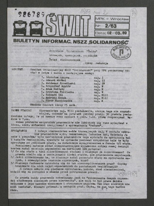 Świt&nbsp;: biuletyn informacyjny NSZZ &bdquo;Solidarność&rdquo; MPK Wrocław. 1989, numer&nbsp;2&nbsp;(63)