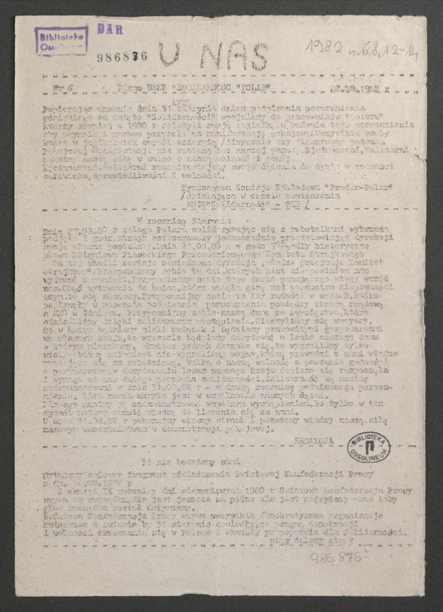 U Nas&nbsp;: pismo NSZZ &bdquo;Solidarność&rdquo; Polar.&nbsp;1982, numer&nbsp;6