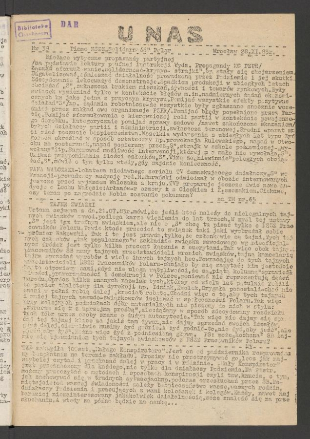 U Nas&nbsp;: pismo NSZZ &bdquo;Solidarność&rdquo; Polar.&nbsp;1983, numer&nbsp;39