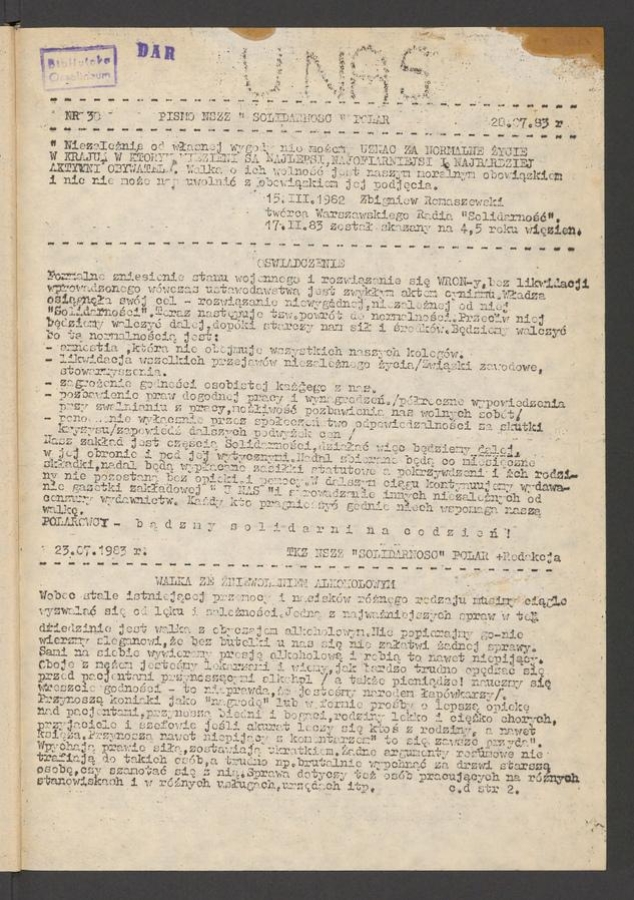 U Nas&nbsp;: pismo NSZZ &bdquo;Solidarność&rdquo; Polar.&nbsp;1983, numer&nbsp;30