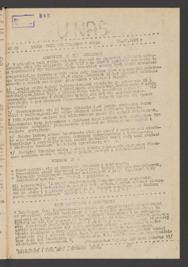 U Nas&nbsp;: pismo NSZZ &bdquo;Solidarność&rdquo; Polar.&nbsp;1983, numer&nbsp;29