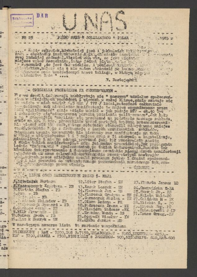 U Nas&nbsp;: pismo NSZZ &bdquo;Solidarność&rdquo; Polar.&nbsp;1983, numer&nbsp;25