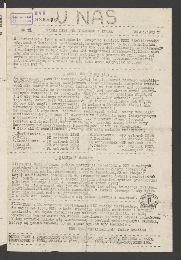 U Nas&nbsp;: pismo NSZZ &bdquo;Solidarność&rdquo; Polar.&nbsp;1983, numer&nbsp;16