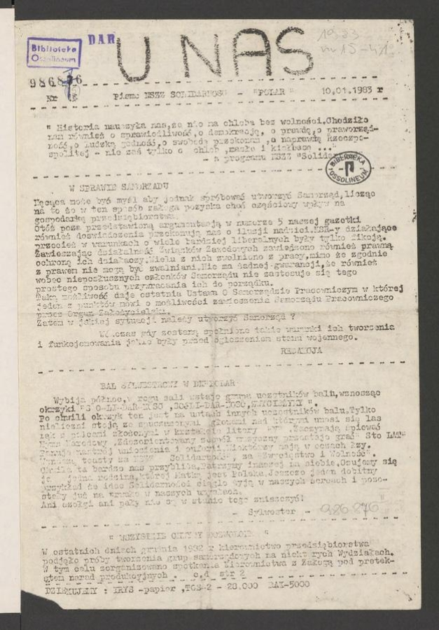U Nas&nbsp;: pismo NSZZ &bdquo;Solidarność&rdquo; Polar.&nbsp;1983, numer&nbsp;15