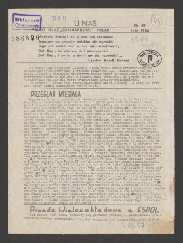 U Nas&nbsp;: pismo NSZZ &bdquo;Solidarność&rdquo; Polar.&nbsp;1986, numer&nbsp;87