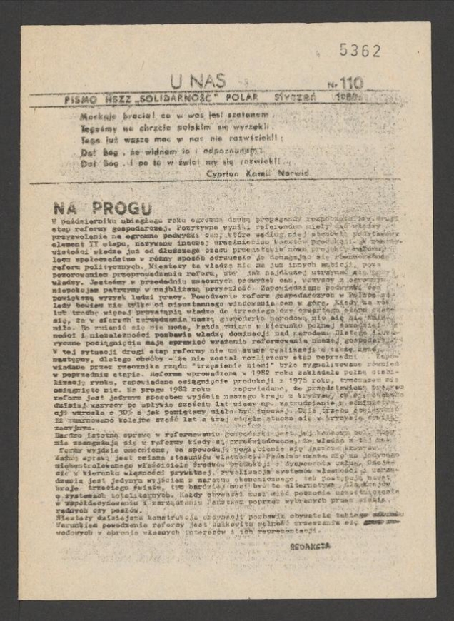U Nas&nbsp;: pismo NSZZ &bdquo;Solidarność&rdquo; Polar.&nbsp;1988, numer&nbsp;110