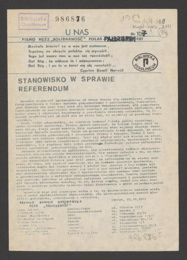 U Nas&nbsp;: pismo NSZZ &bdquo;Solidarność&rdquo; Polar.&nbsp;1987, numer&nbsp;107