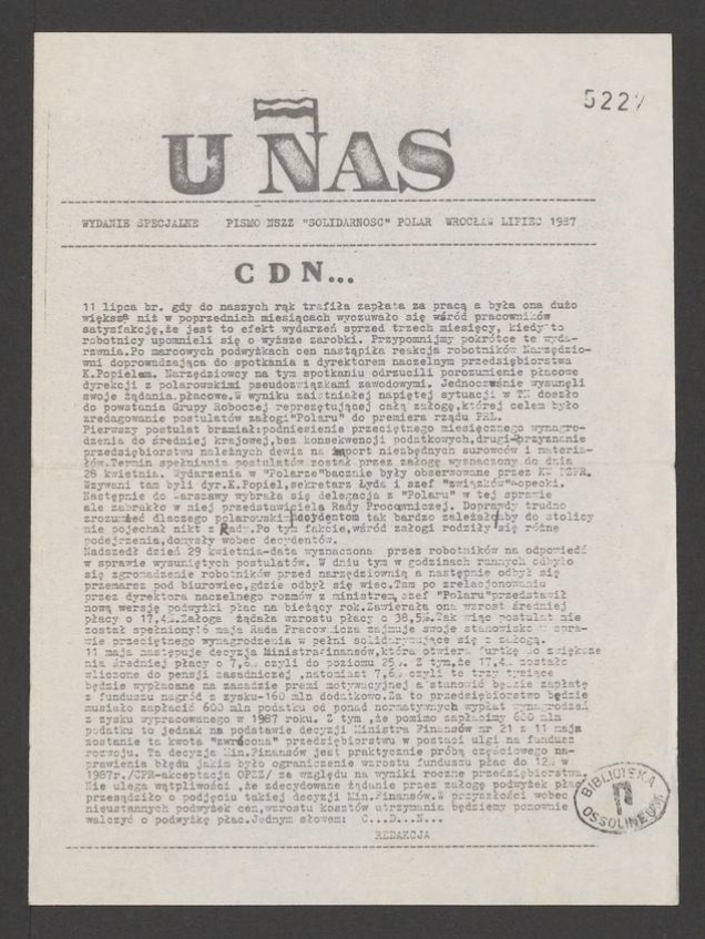 U Nas&nbsp;: pismo NSZZ &bdquo;Solidarność&rdquo; Polar.&nbsp;1987, numer&nbsp;7&nbsp;(wydanie specjalne)